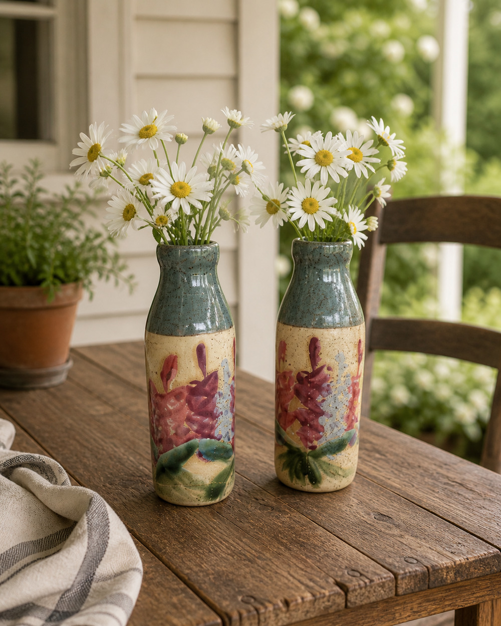 Handcrafted Set Of 2 Ceramic Flower Vase Pottery Painted Glazed Small